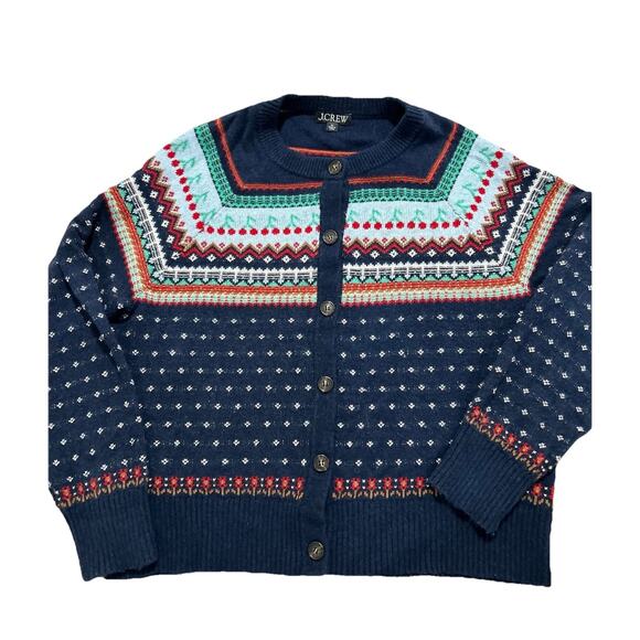 J. Crew Navy Blue Cherry Fair Isle Cardigan Sweater Size XL Lambswool Blend - Picture 1 of 7